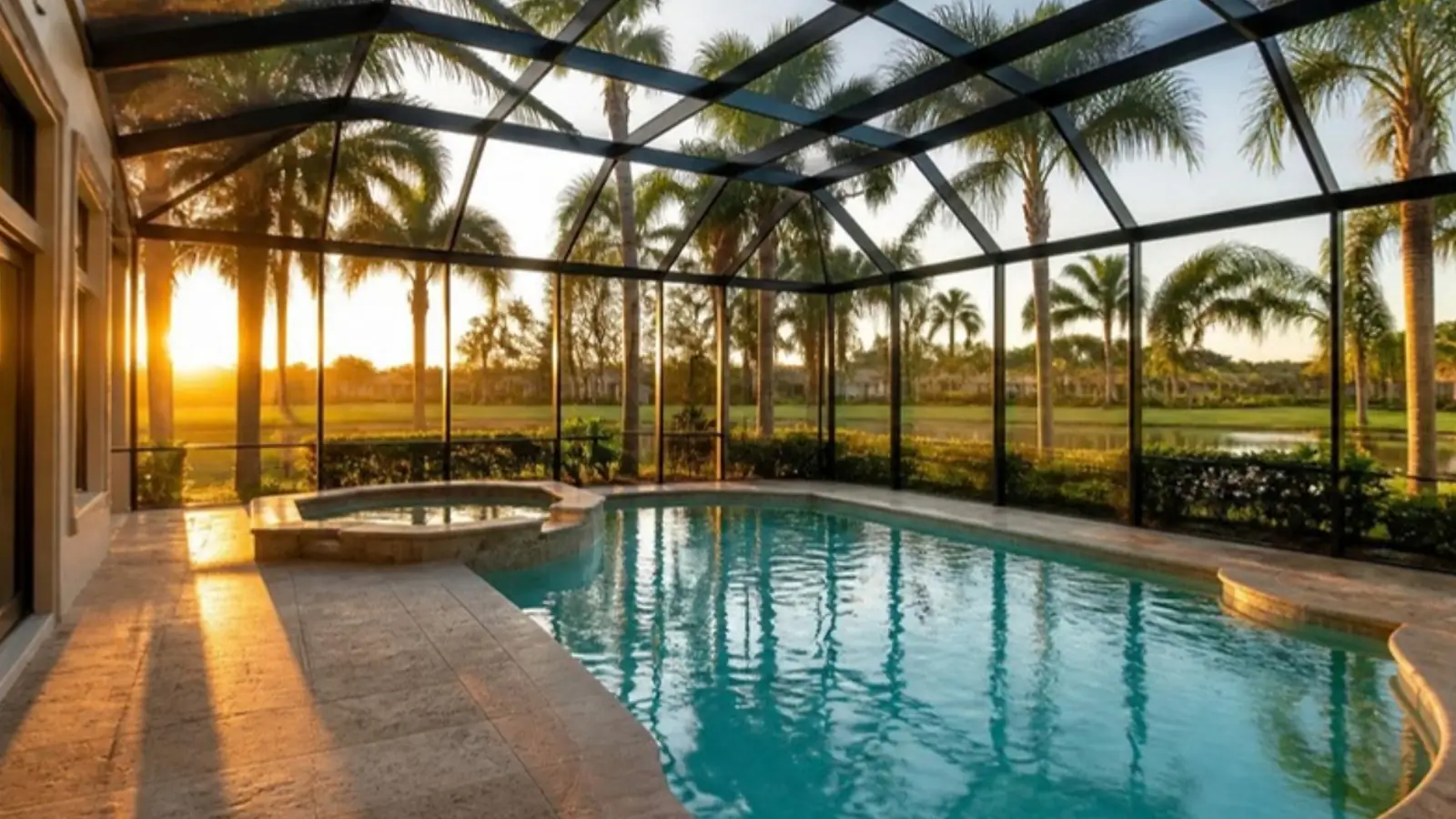 Screened lanai pool at golden hour in Central Florida