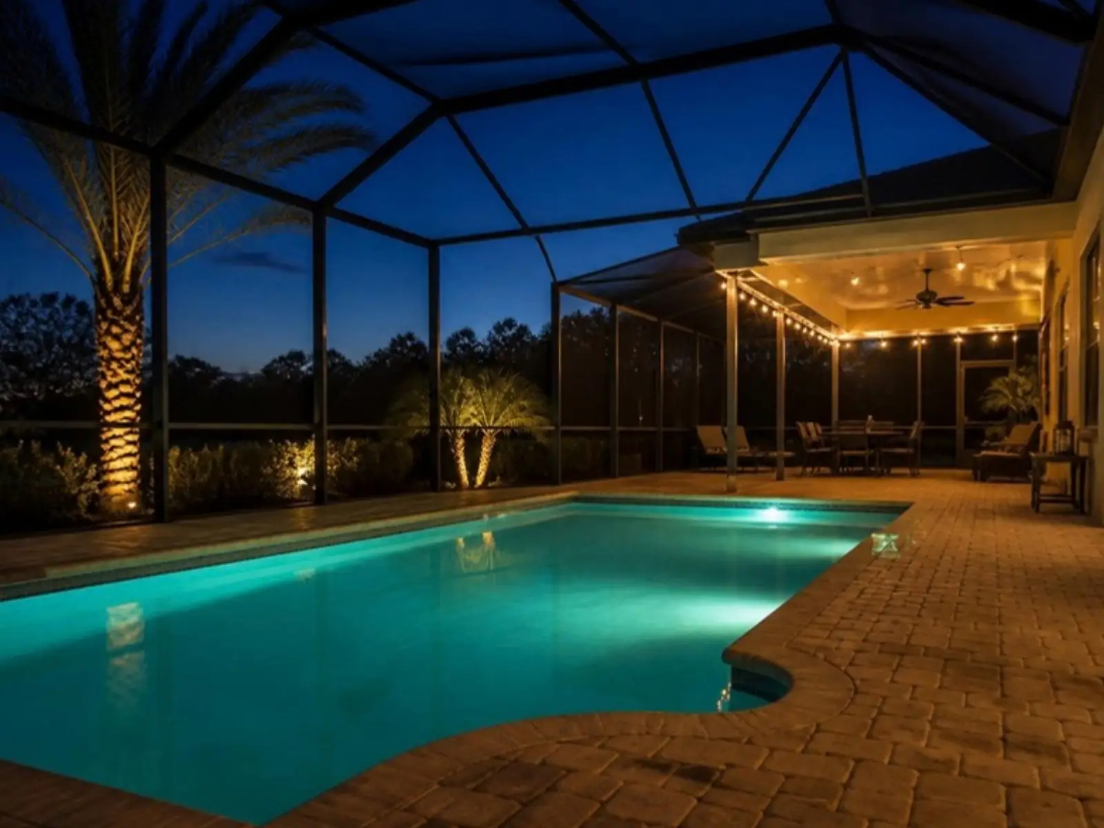 Screened pool lit at twilight